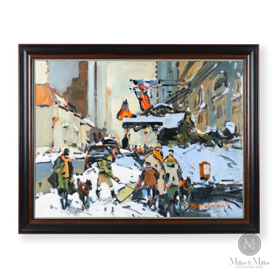 Serge Brunoni (1938–2020) "Montreal Sherbrooke Street" Acrylic on Canvas: Canada. c. 2000. Oil on Canvas. Signed, "S. BRUNONi" lower right. Signed and titled on reverse. Canvas: 30" x 40". Frame: 36.5" x 46.25" x 2". From the Late Miller Carmichael Collection. Canada. c.