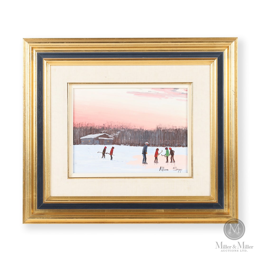 Allen Sapp (1928-2015) "Lil Children learning to play Hockey" Oil on Canvas: Canada. c. 2000 Oil on Canvas. Signed, "Allen Sapp" lower right. Signed and titled on reverse. Painting: 9" x 12". Framed: 19" x 22" x 1.5". From the Late Miller Carmichael Collection. Canada. c.