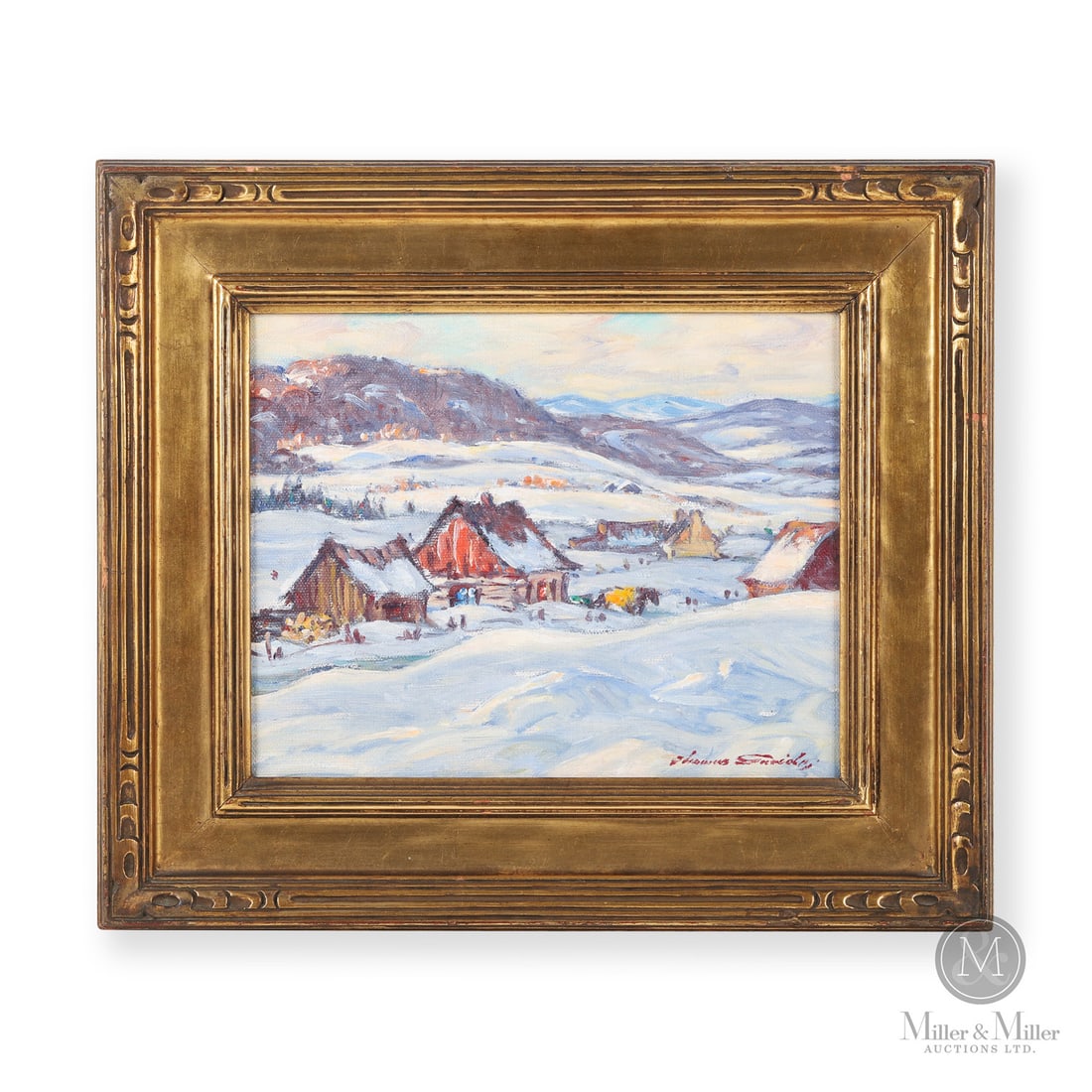 Thomas Garside (1906-1980) Quebec Village Scene Oil on Canvas: Canada. Third Quarter 20th Century. Oil on Canvas. Signed, "Thomas Garside" lower right corner. Painting : 8" x 10", Framed : 12.5" x 14.5" x 1.5". From the Late Miller Carmichael Collection. Canada.