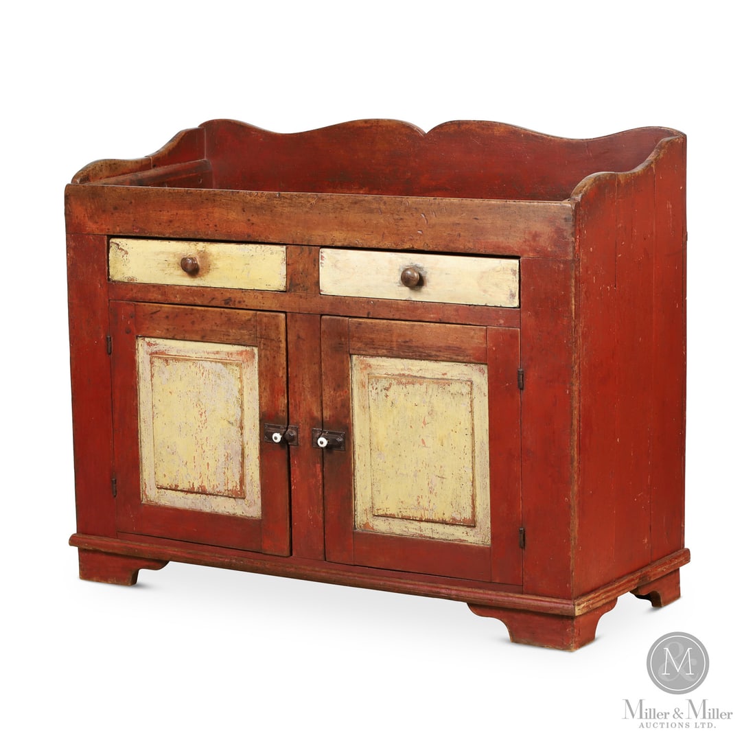 Eby Family Dry Sink: Waterloo County, Ontario, Canada. Mid 19th Century. Wood. A two-colour dry sink picked directly from the Eby family (Ontario potters) homestead. Unusual with a shaped backboard and two drawers, origin