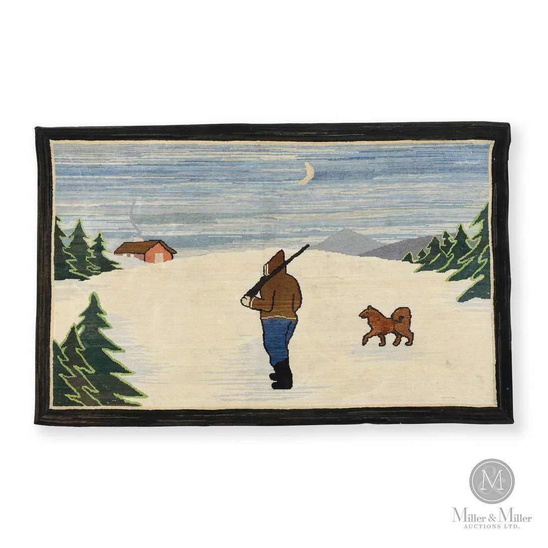 Hunter and Cabin Grenfell Mat: Newfoundland & Labrador, Canada. Second Quarter 20th Century. Hooked Textile. In the mid 1930s Dr. Grenfell hired Ned Hancock (Jessie Luther's godson) initially to design jewelry and wooden objects