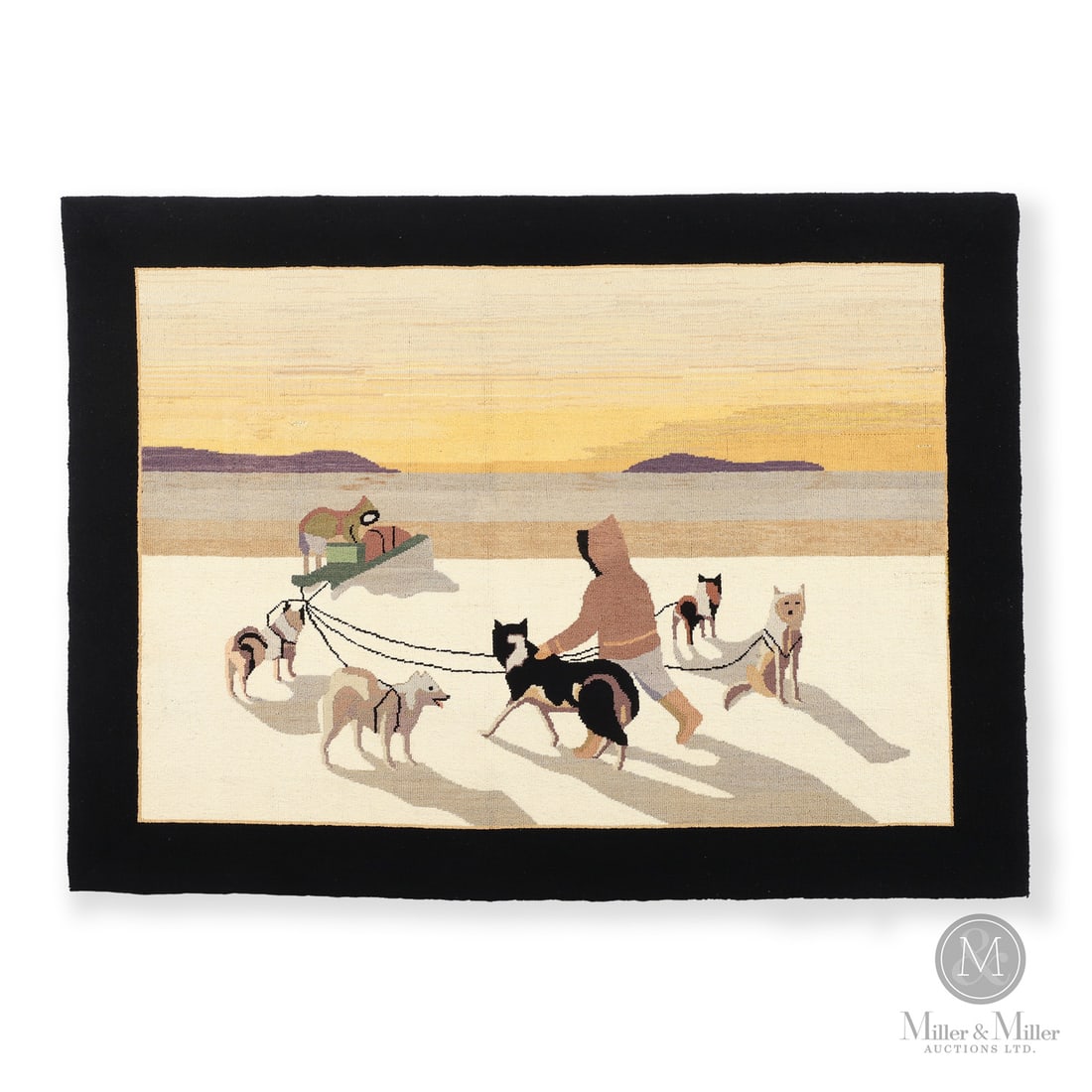 "Dog Team With Shadows" Grenfell Mat: Newfoundland & Labrador, Canada. c. 1942. Hooked Textile. A fine example of a Grenfell hooked mat of "Dog Team with Shadows" with strong colour and detail. This design was created by Stephen Hamilton