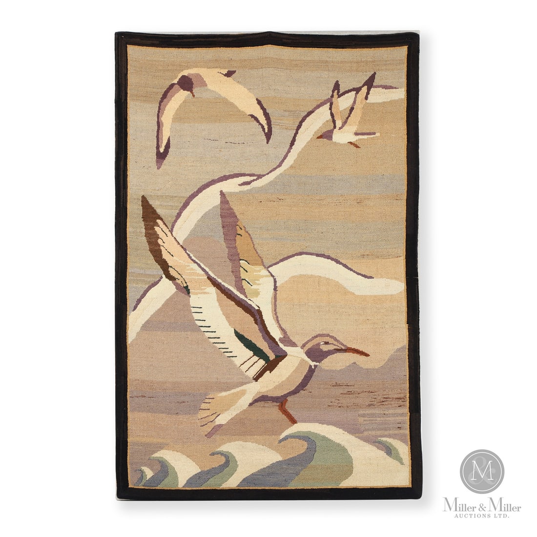 Grenfell Mat Three Sea Birds: Newfoundland & Labrador, Canada. Second quarter 20th Century. Hooked Textile. A dramatic Grenfell mat of sea birds in flight over cresting waves with mountains in the background. Mounted for hanging.