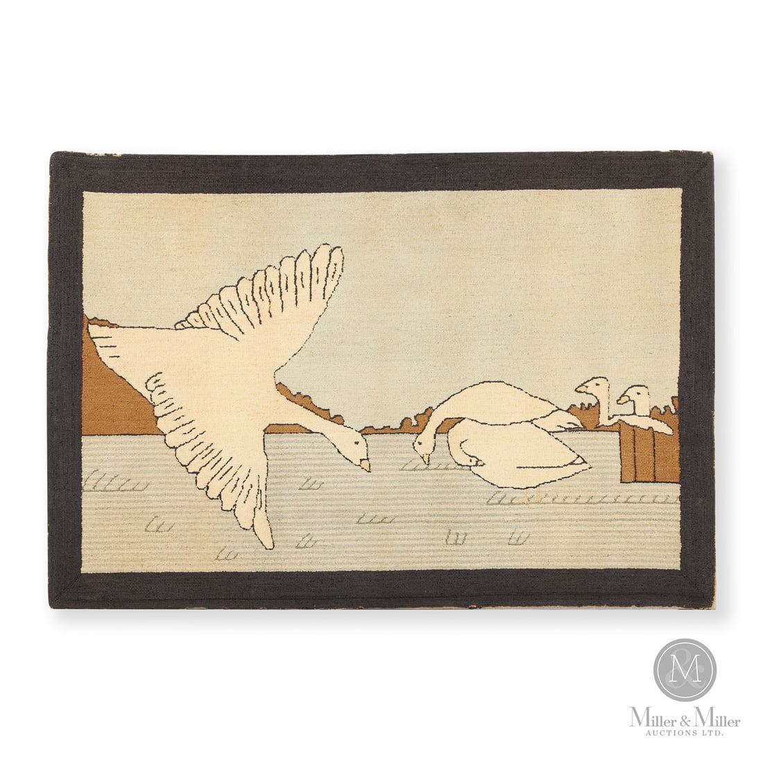 "Goose Marsh" Grenfell Mat: Newfoundland & Labrador, Canada. c. 1920s. Hooked Textile. A rare and early Grenfell mat showing Snow Geese in the marsh. The design was copyrighted in 1920 and is pictured in an October 1920 issue