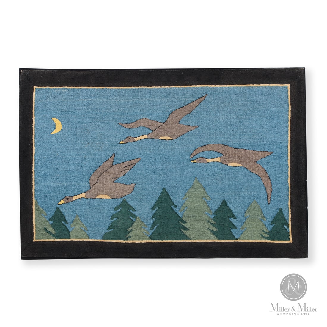 "Three Geese With Crescent Moon" Grenfell Mat: Newfoundland & Labrador, Canada. c. 1920-1925. Hooked Textile. An early Grenfell mat of Three Geese with a Crescent Moon. This design was in production by 1920 with this example being hooked in