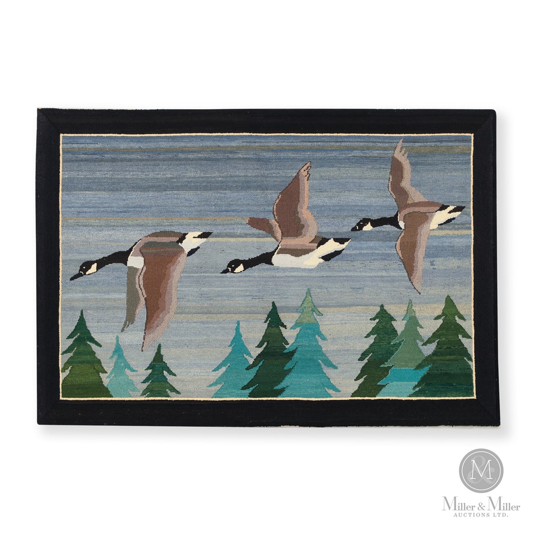 "Canada Geese Over Spruce Trees" Grenfell Mat: Newfoundland & Labrador, Canada. c. 1935. Hooked Textile. Grenfell mat with strong design, colour, and shading, showing three Canada Geese at dusk flying over green and blue spruce trees. This design