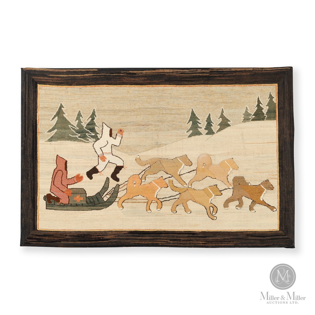 Dog Sled Team Grenfell Mat: Newfoundland & Labrador, Canada. Second quarter 20th century. Hooked Textile. A Grenfell hooked mat showing a dog team with driver and runner delivering medical supplies to outport communities. The