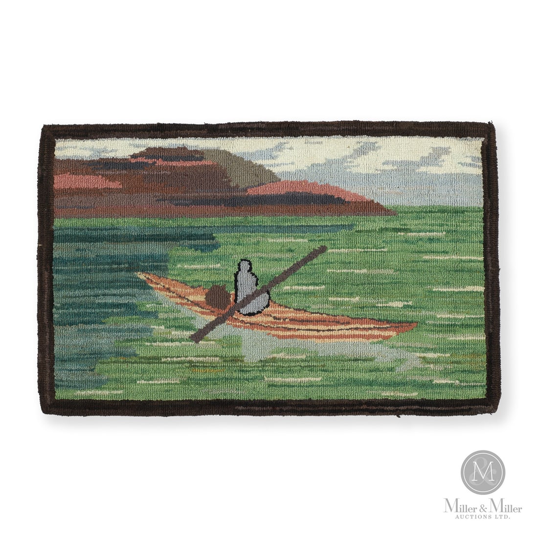 Lone Kayaker Grenfell Mat: Newfoundland & Labrador, Canada. c. 1940. Hooked Textile. An unusual Grenfell mat of a kayaker on a green sea. Marked, "Grenfell Labrador Industries / Handmade in Newfoundland and Labrador" on