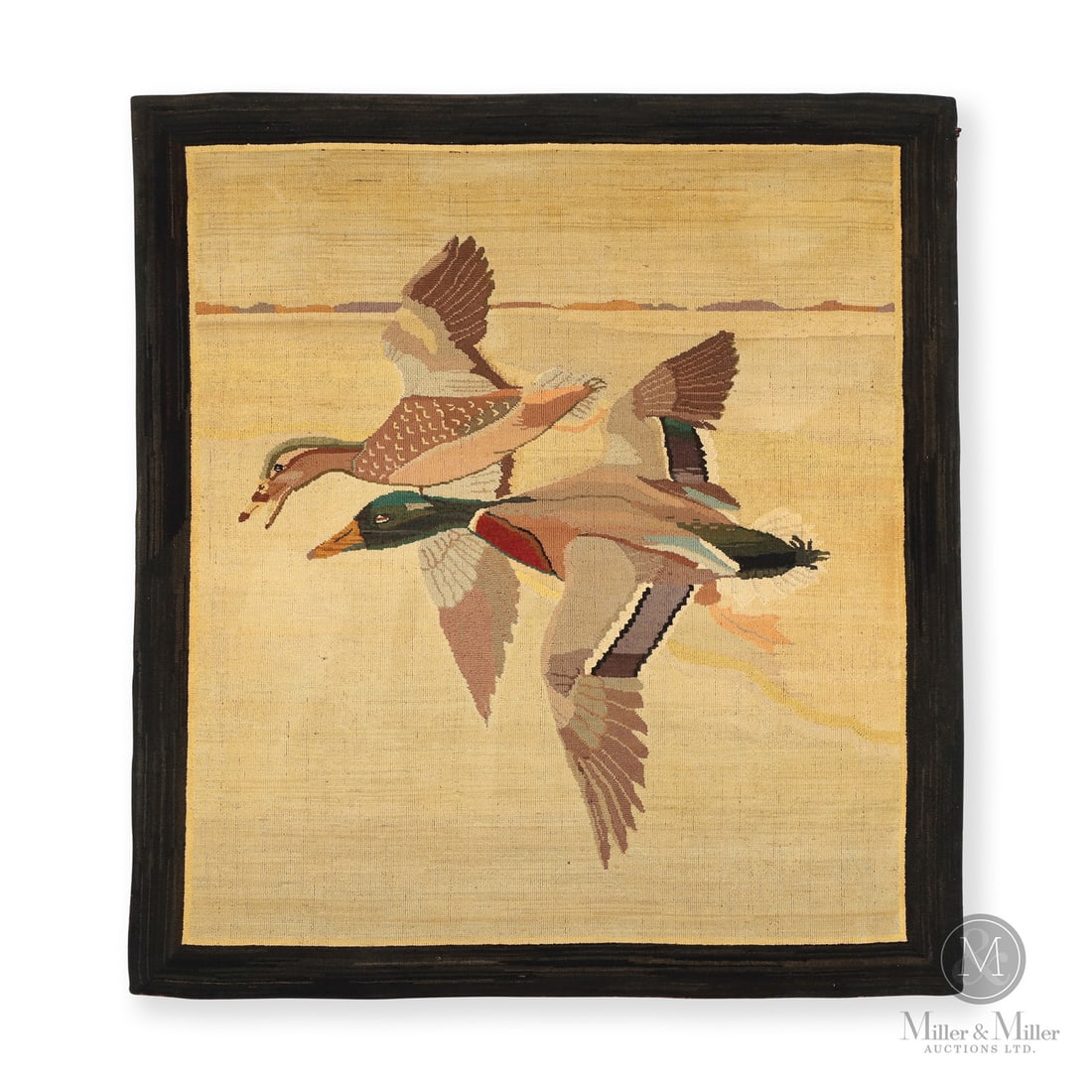 "Two Mallards" Grenfell Mat: Newfoundland & Labrador, Canada. Second Quarter 20th Century. Hooked Textile. A less common version of the Grenfell Mallards mat with only two ducks and a simple horizon in the background. The black