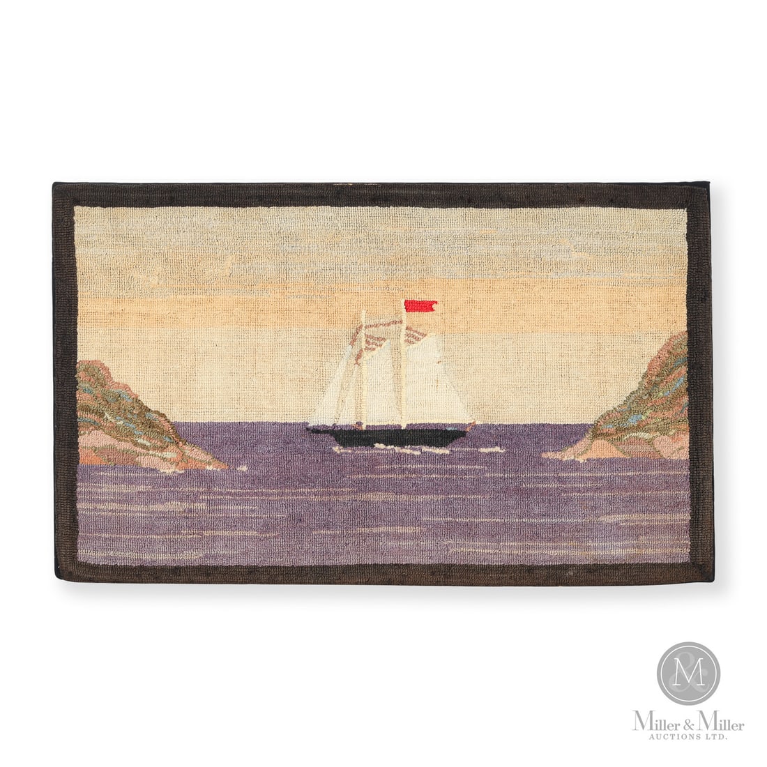 Schooner with Red Flag Grenfell Mat: Newfoundland & Labrador, Canada. c. 1940. Hooked Textile. A Grenfell mat of a schooner with a red pennant on the mast heading out to sea. Nice composition with the schooner between two rock cliffs,