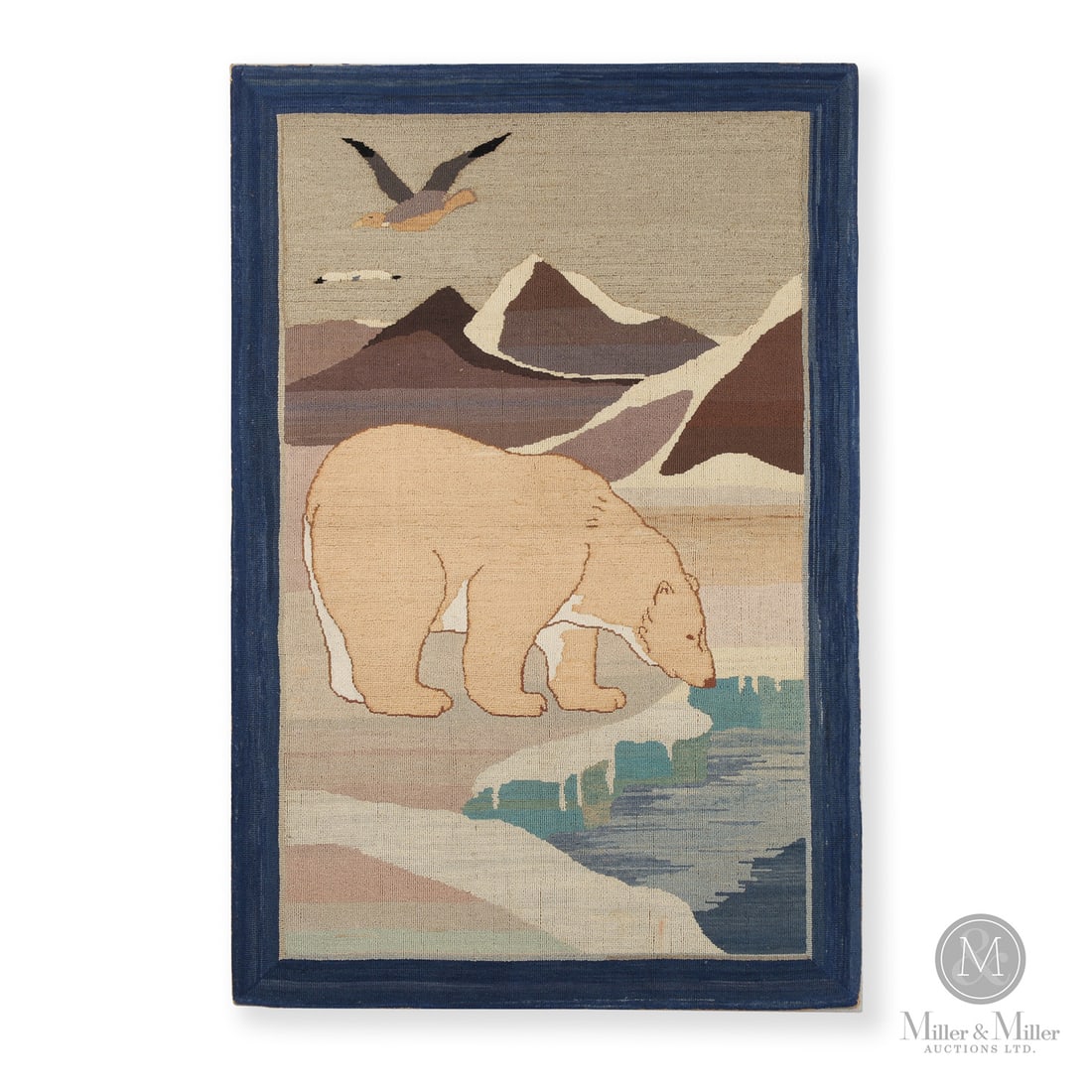"Vertical Bear" Grenfell Mat: Newfoundland & Labrador, Canada. Second quarter 20th century. Hooked Textile. Grenfell hooked mat with an uncommon scene of a polar bear at water's edge with peaks in the background. This design was i