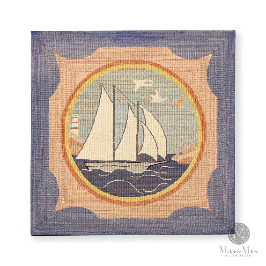 "Coastal Schooner" Grenfell Mat: Newfoundland & Labrador, Canada. Second Quarter 20th Century. Hooked Textile. An unusual Grenfell mat of a schooner in Harrington Harbour, unique for its "picture within a frame" design according to P