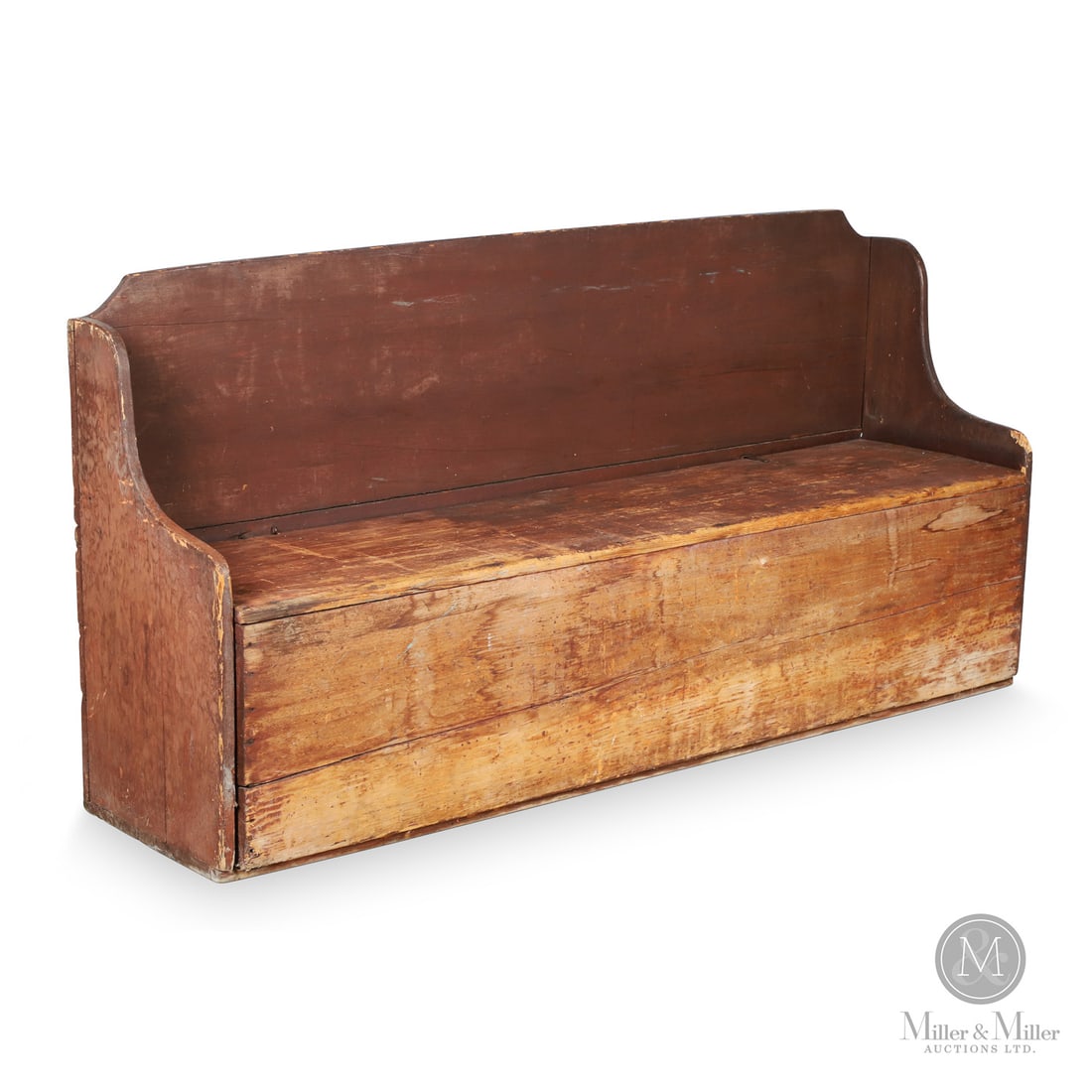 Banc Lit: Quebec, Canada. c. 1825-1840. Wood. A Quebec pine banc lit (settle bed) in original red paint. Unmarked. 36" x 71.5" x 19.5". From the Late Miller Carmichael Collection. Quebec, Canada. c. 1825-1840.