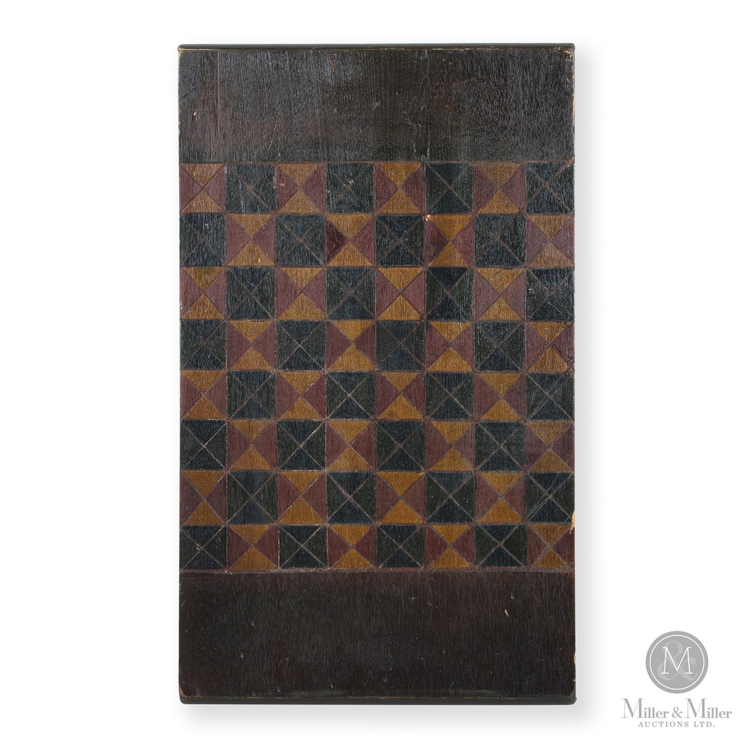 Polychrome "Diamond Point" Gameboard: Quebec, Canada. Early 20th Century. Wood. A visually graphic checkers/chess board with incised "diamond point" squares in polychrome paint. The keeper sections are in an olive green paint. Unmarked.