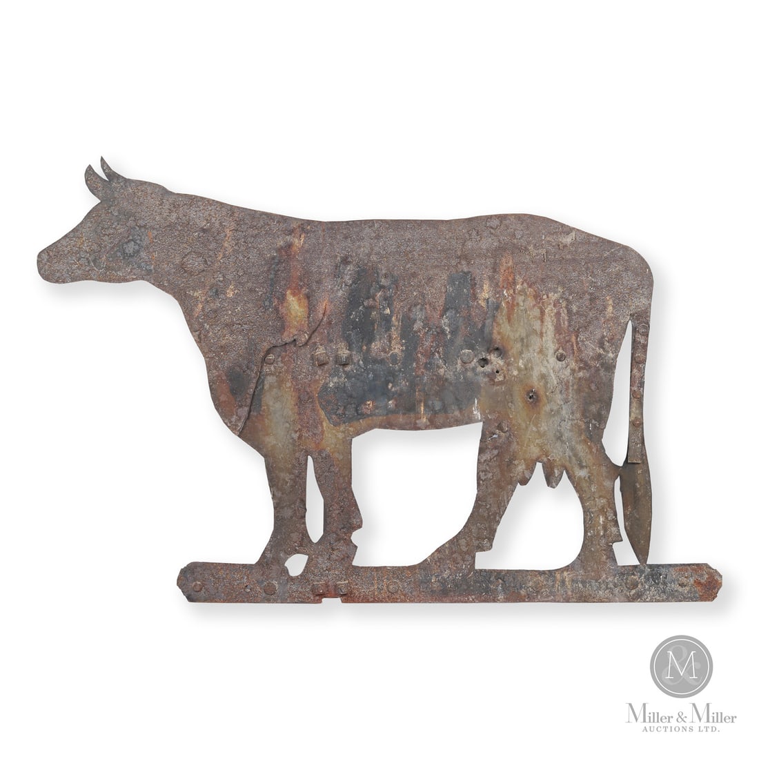 Cow Weathervane: Quebec, Canada. Late 19th Century. Metal. A sheet metal cow weathervane in as-found condition and surface. Chateauguay Valley, Quebec. Unmarked. 19" x 28.5" x 1". From the Late Miller Carmichael Colle