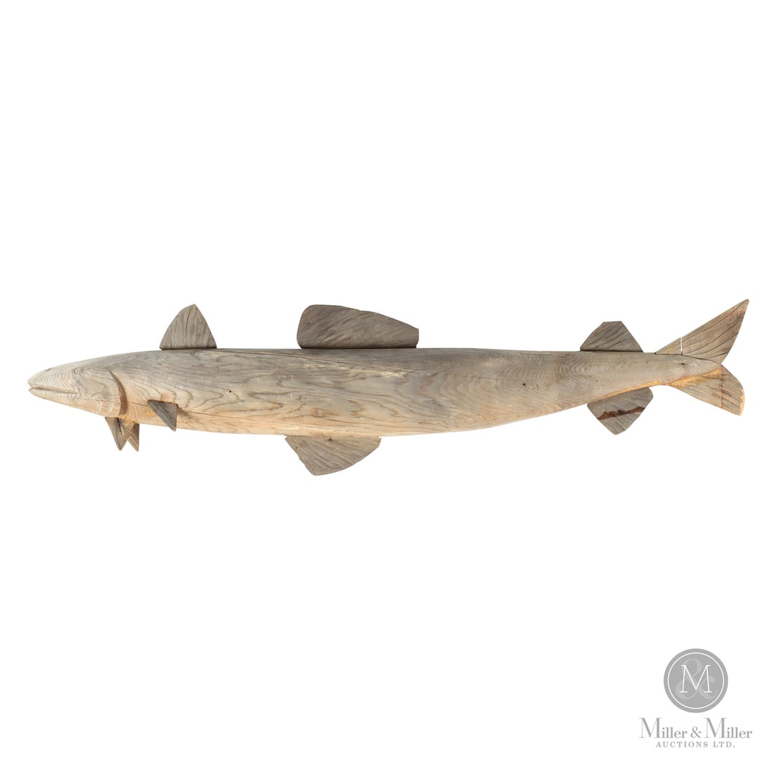 Large Carved Fish: Canada. Second Quarter 20th Century. Wood. A large carved full-bodied fish in a weathered dry surface likely a trade sign for a fishmonger or bait shop. Unmarked. 10" x 49" x 7". From the Late Miller