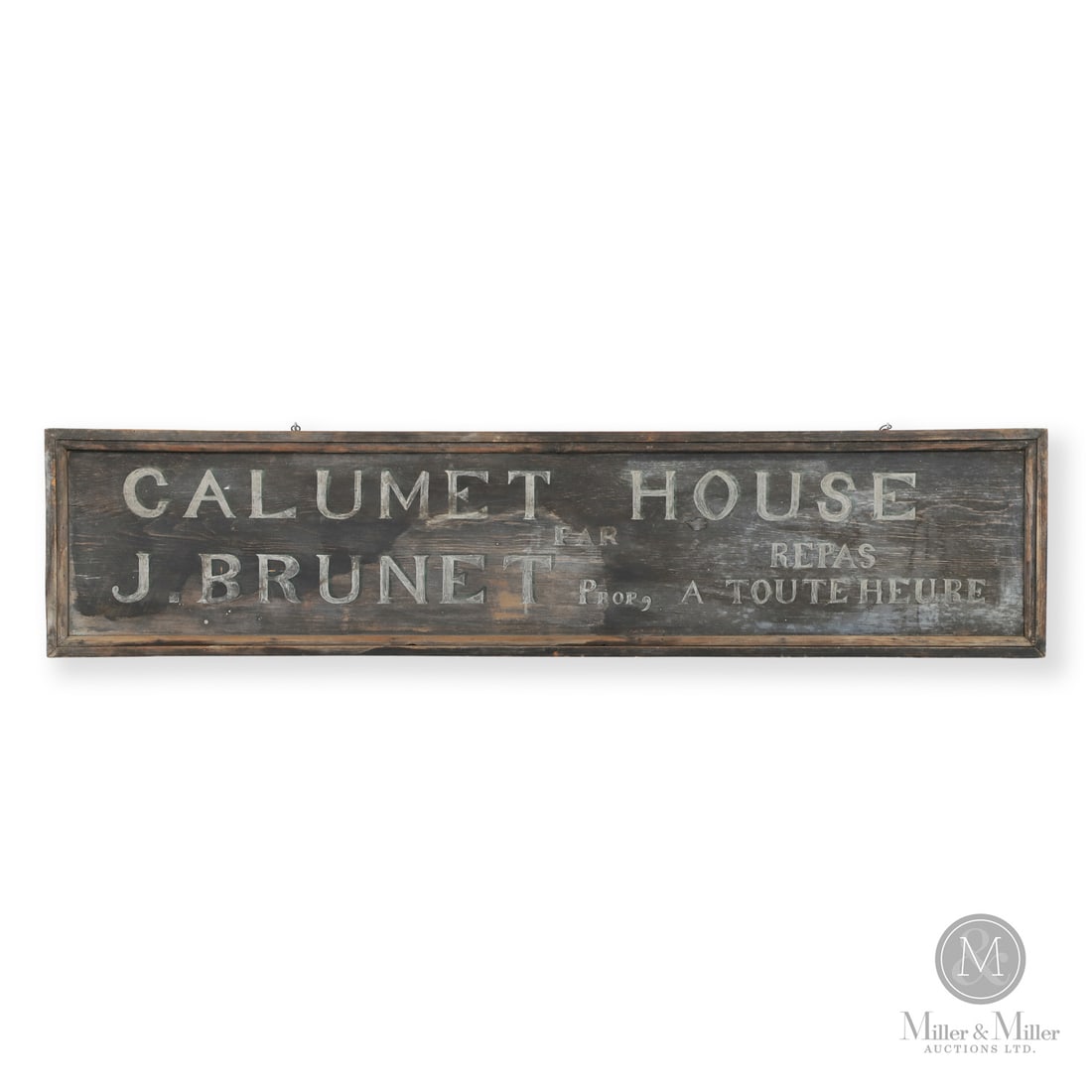 Calumet Quebec Trade Sign: Quebec, Canada. c. 1890-1920. Wood. A wooden trade sign from Calumet, Quebec marked "Calumet House, J. Brunet, prop., Repas toute heures (meals all hours)". In original paint with white lettering on