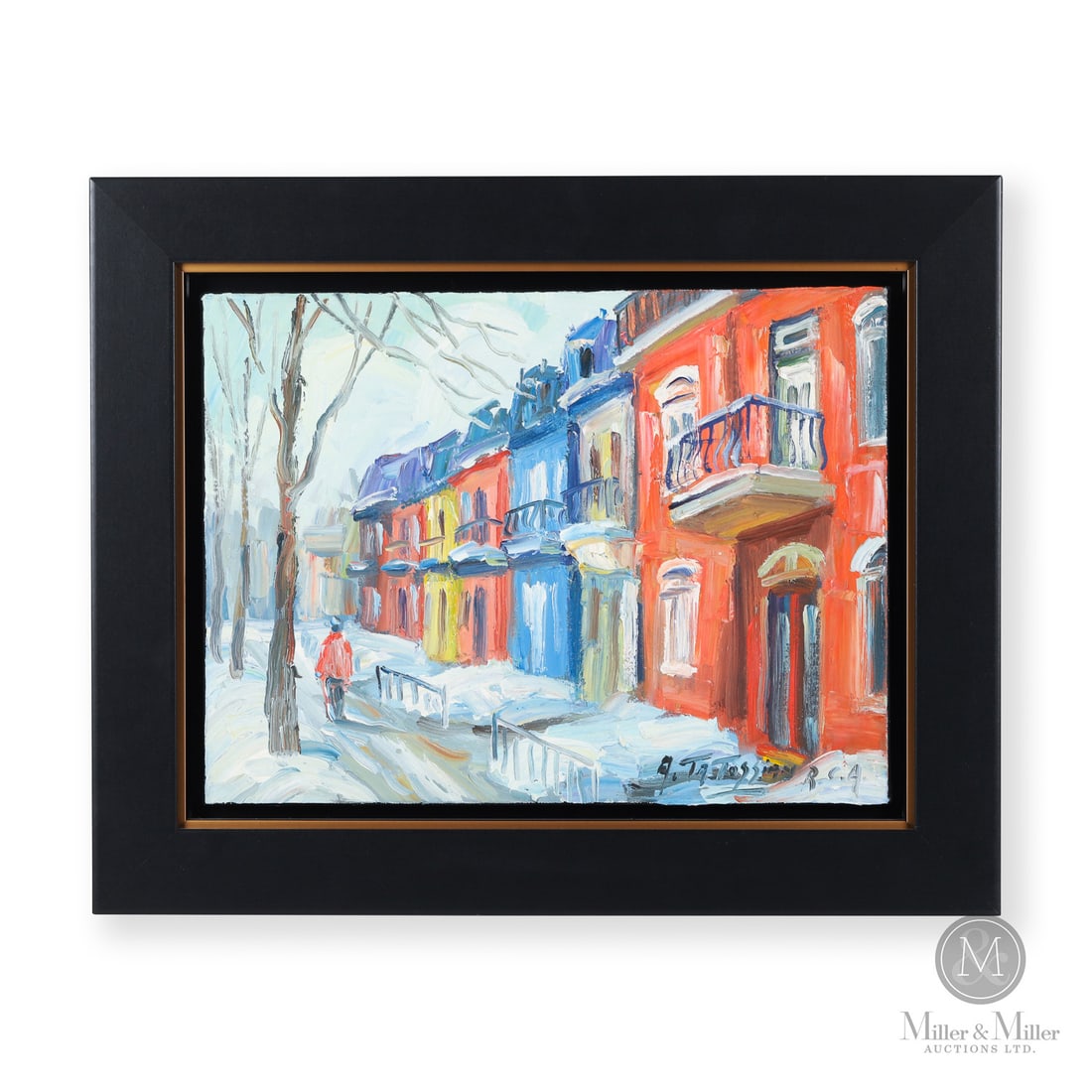 Armand Tatossian (1948–2012) Street Scene Oil on Canvas: Canada. c. 1990. Oil on Canvas. Signed, "A. TATOSSiAN R.C.A." lower right. Signed and titled on reverse. Painting: 12" x 16". Framed: 17.25" x 21.25" x 1.75". From the Late Miller Carmichael Collectio