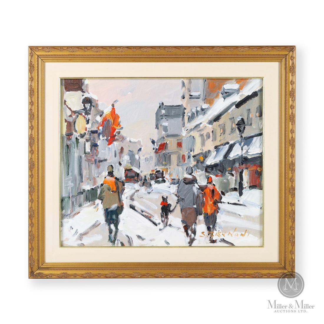 Serge Brunoni (1938–2020) "Montreal rue St. Paul" Acrylic on Canvas: Canada. c. 2000. Acrylic on Canvas. Signed, "S. BRUNONi" lower right. Signed and titled on reverse. Canvas: 20" x 24". Framed: 27.25" x 31.25" x 2.5". From the Late Miller Carmichael Collection. Canad