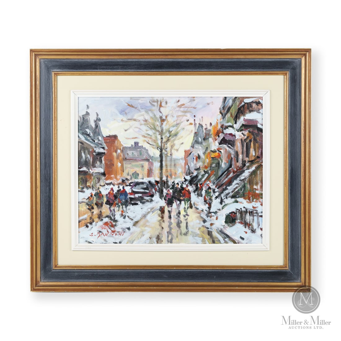 Serge Brunoni (1938–2020) "Montreal rue Laval" Acrylic on Canvas: Canada. c. 2000. Acrylic on Canvas. Signed, "S. BRUNONi" lower left. Signed and titled on reverse. Canvas: 16" x 20" Framed: 25.75" x 29.75" x 2.5". From the Late Miller Carmichael Collection. Canada.