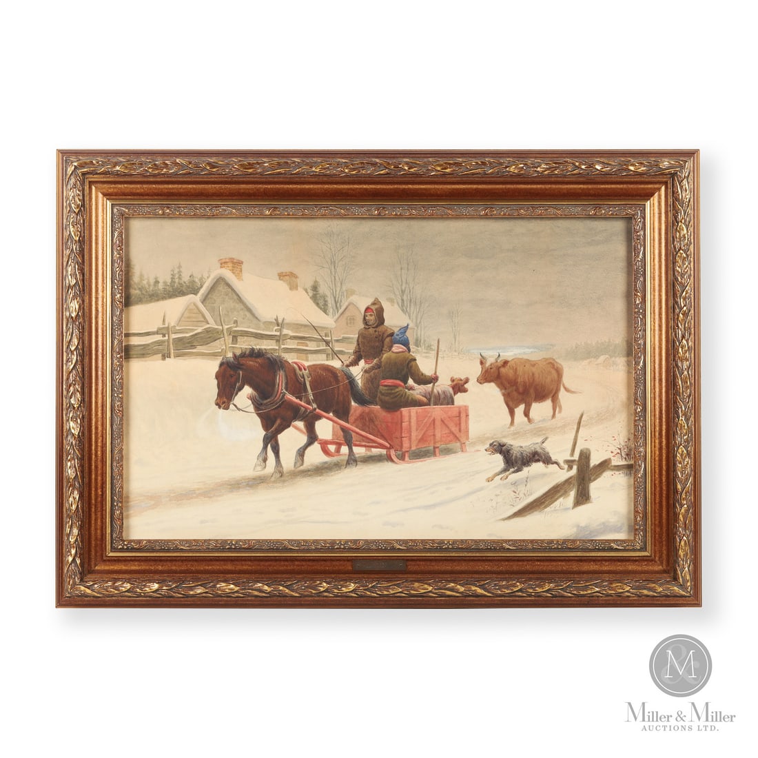 "Habitant Life 1880" H. Bird Watercolour: Quebec, Canada. Late 19th Century. Paper. Watercolour on paper of a Quebec winter scene with horse and sleigh bringing a newborn calf back to the barn. Marked, "H. BIRD "Habitant Life, 1880" on frame
