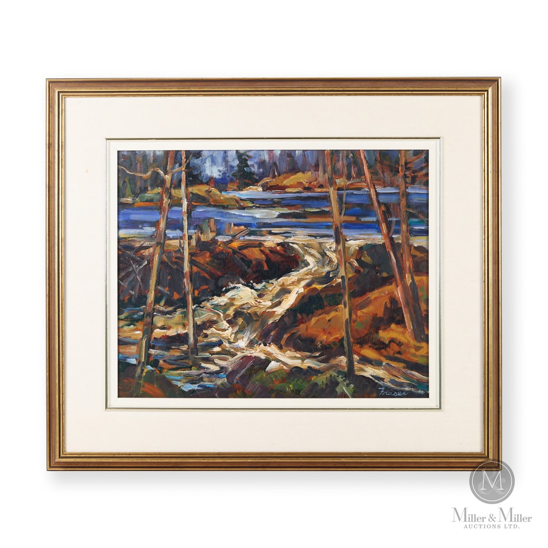Donald Gordon Fraser (1921-2003) "Broken Beaver Dam" Oil on Panel: Canada. c. 1993. Oil on Panel. Signed, "Fraser" lower right. Signed, titled on reverse. Board: 16" x 20". Framed: 24.75" x 28.75" x 1.75". From the Late Miller Carmichael Collection. Canada. c. 1993.