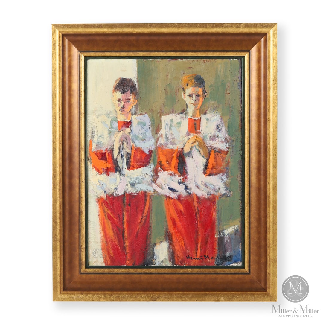 Henri Leopold Masson (1907-1996) "Altar Boys" Oil on Canvas: Canada. Third Quarter 20th Century. Oil on Canvas. Signed, "Henri Masson" lower right corner. Painting : 16" x 12", Framed : 21.25" x 17.25" x 2". From the Late Miller Carmichael Collection. Canada.