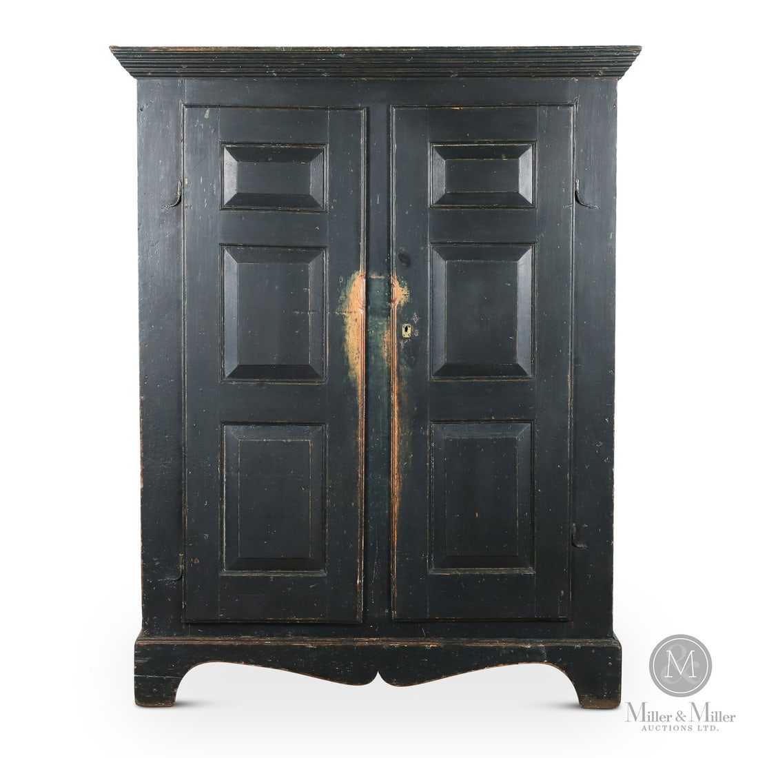 Quebec Armoire In Original Paint: Quebec, Canada. c. 1820. Wood. A stately Quebec armoire with six raised panels on the doors, original rat tail hinges and in original "black" oxidized blue-green paint. Excellent condition with origin
