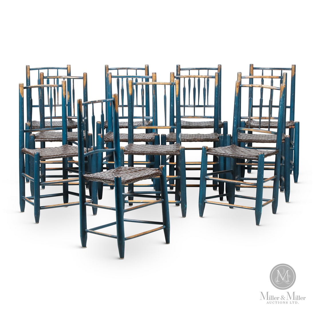 Set of 12 Arrowback Chairs: Canada. 19th Century. Wood. A rare set of 12 sidechairs with original woven splint seats and the backs having arrow shaped spindles. All in contemporary blue paint with brown paint on the seats.