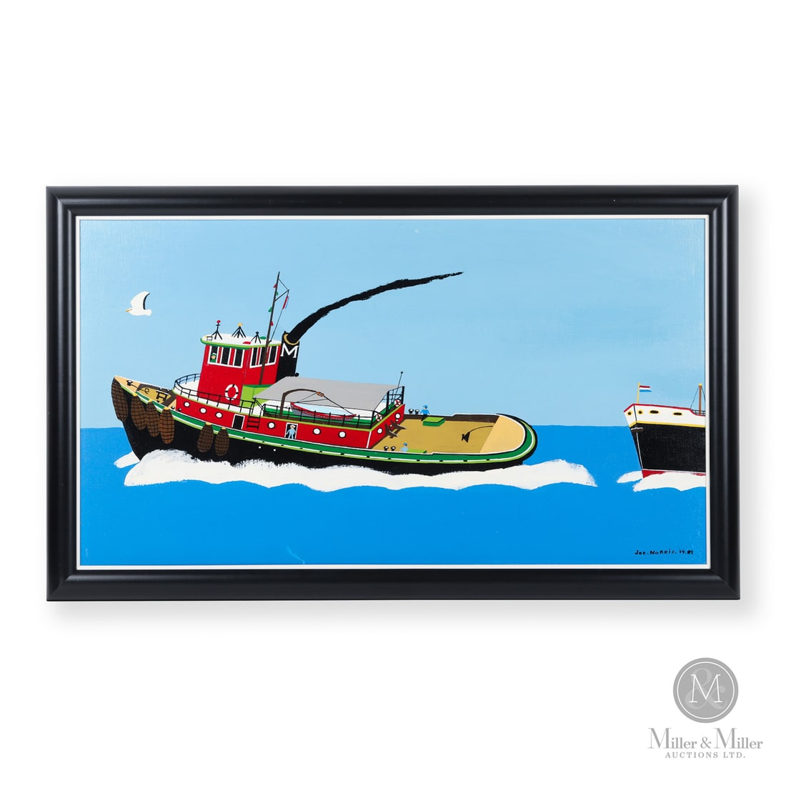 Joe Norris Tug Boat: Nova Scotia, Canada. 1981 Oil on Canvas. Oil on canvas by Joe Norris (1924-1996) of a lone tugboat with seagull. Signed, "Joe. Norris. 19. 81" lower right. Painting : 20" x 36", Framed : 23.5" x