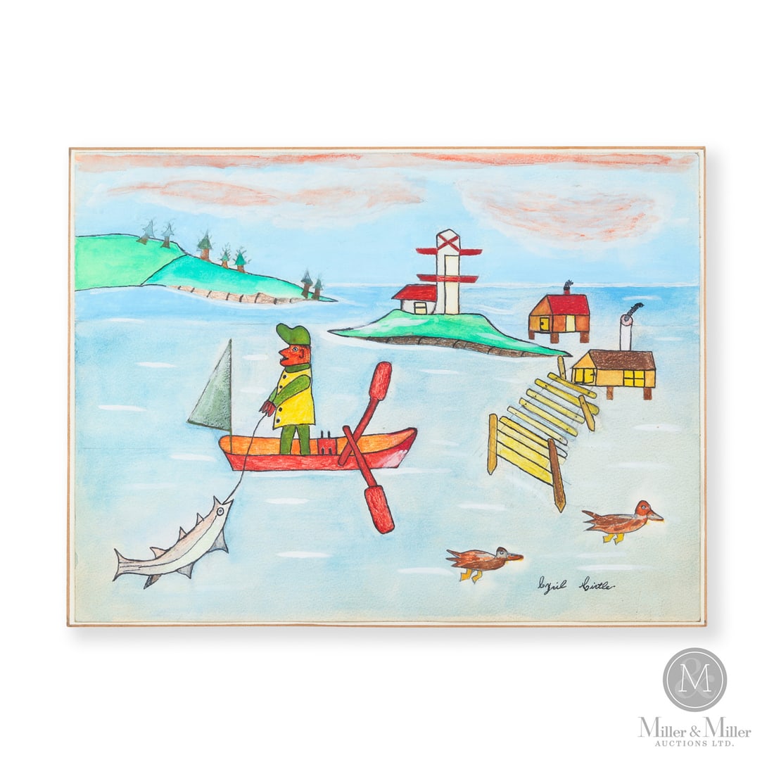 Cyril Hirtle Fishing Scene: Canada. c. 1980. Paper. A watercolour on paperboard by Cyril Hirtle (1918-2003) of a man fishing in his skiff with a lighthouse and wharf in the background. Mounted in the original simple crude