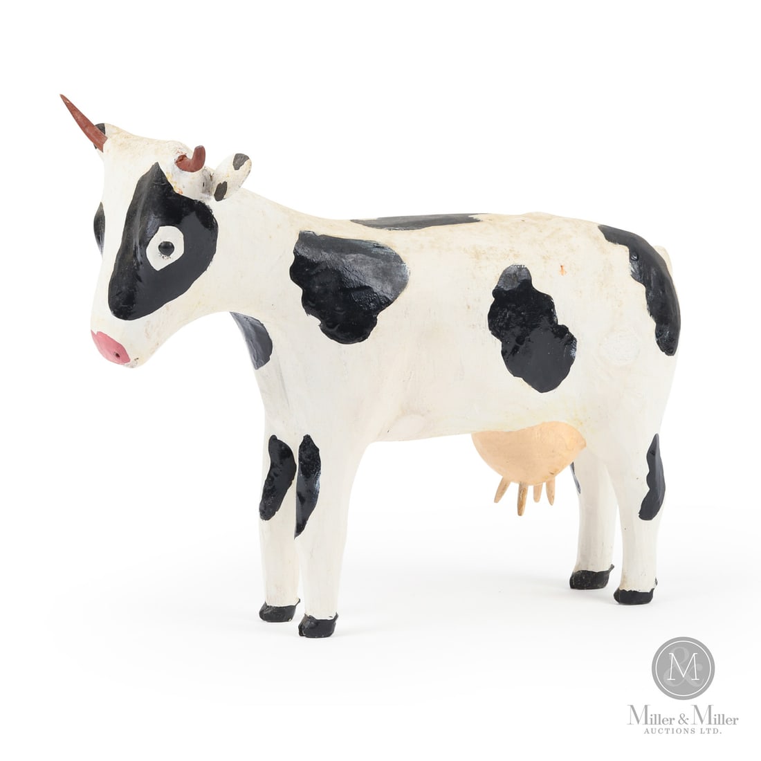 Donald Lewis Folk Art Cow: Nova Scotia, Canada. c. 1980-1990. Wood. A folk art cow carving by Donald Lewis, Digby, Nova Scotia, in original paint. Lewis did not begin his artistic career until the late 1980s. Once he started,