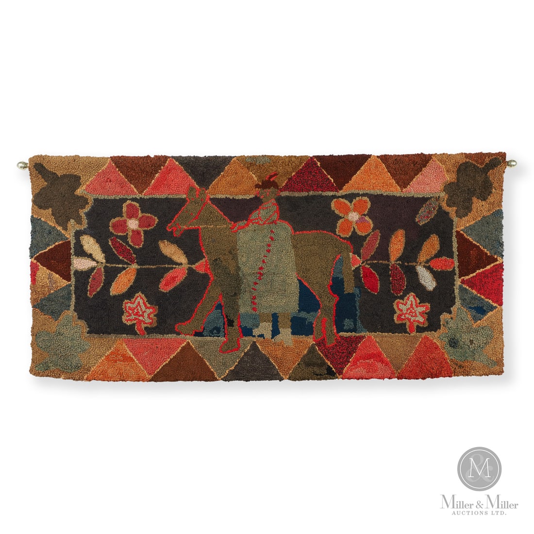Lady on Horse Hooked Rug: Quebec, Canada. c. 1920. Hooked Textile. An exceptional, large and early folky hooked rug with a lady on a horse within a multi-coloured sawtooth border. Note the feather in her cap and her exposed