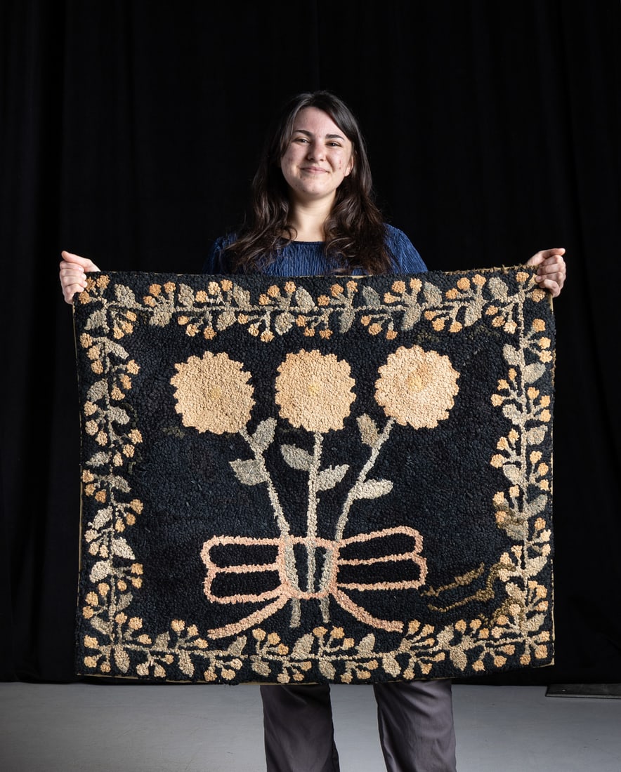 Three Flower Hooked Rug - 5