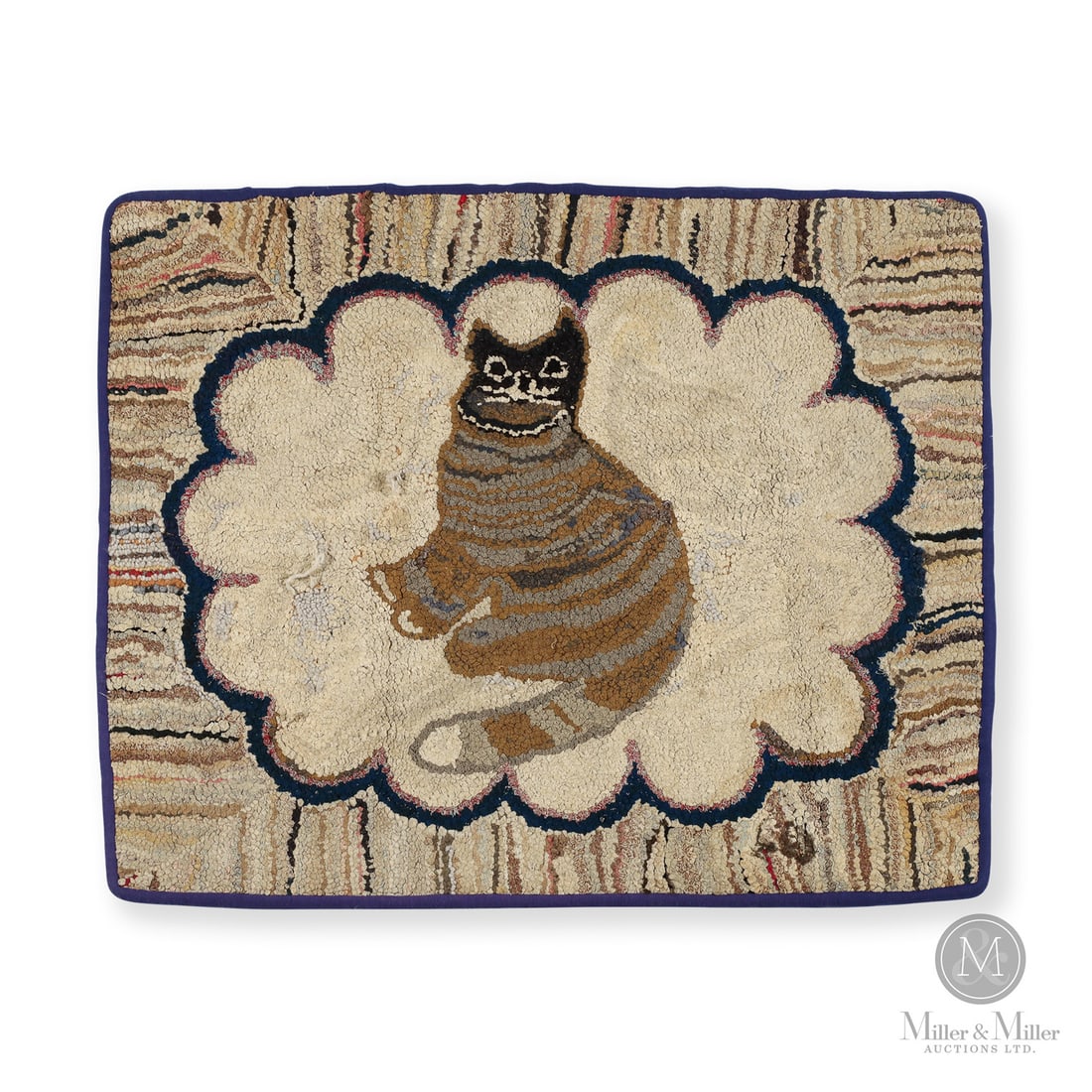 "Racoon Cat" Hooked Rug: Canada. c. 1930. Hooked Textile. Folky hooked rug of a striped cat with a black mask face within a scalloped edge oval on a variegated rectangular background. Complete with hanging sleeve. Unmarked.