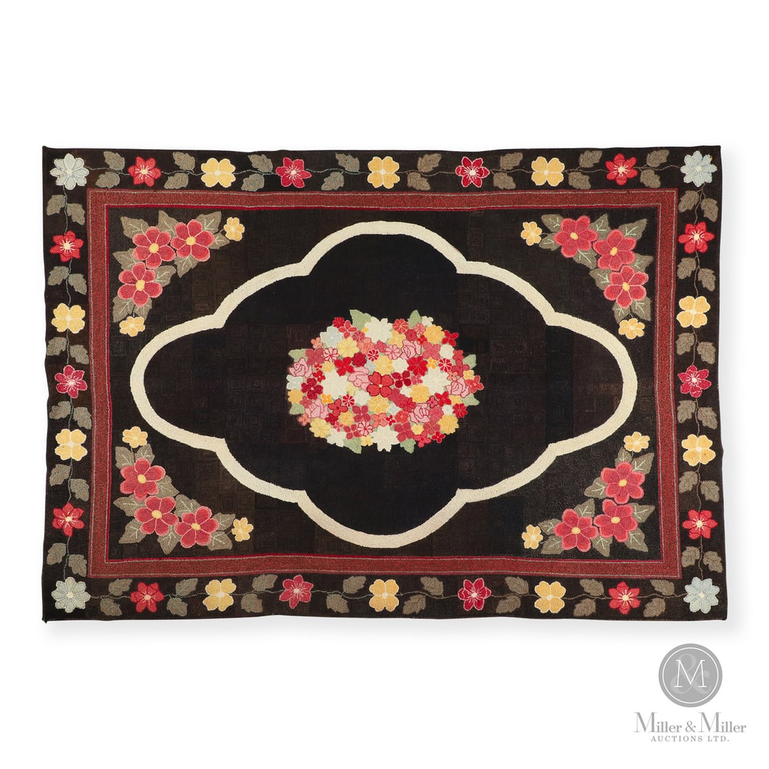 Hooked Floral Floor Rug: Quebec, Canada. Mid 20th Century. Hooked Textile. A large area hooked rug with a vibrant floral pattern on a black background having a flower cluster at the centre within a red band rectangle