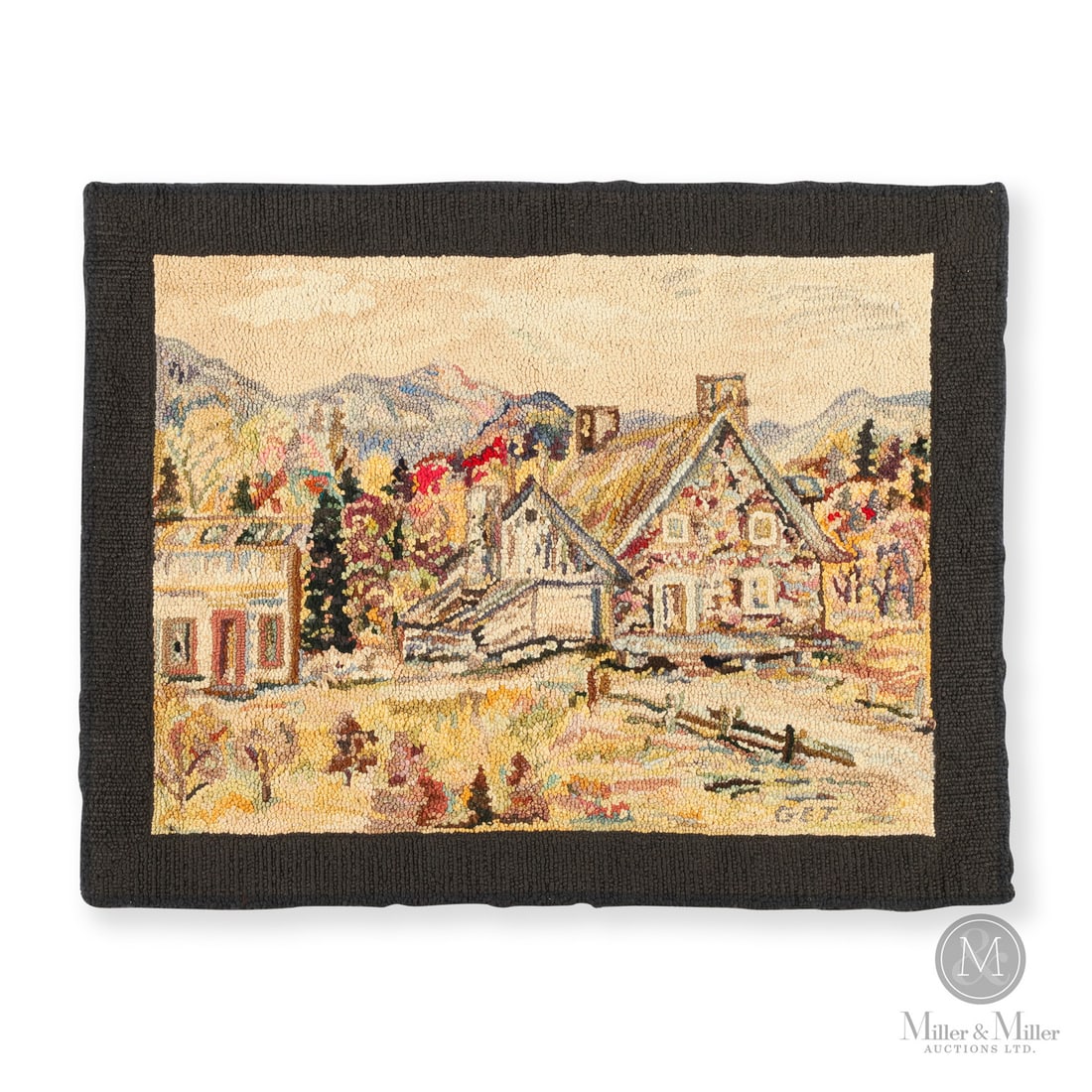 G. E. Tremblay Hooked Rug: Quebec, Canada. c. 1930. Hooked Textile. An exceptionally detailed and colourful hooked rug by Georges Edouard Tremblay (1902-1987) showing a stone house with the Charlevoix hills in the background.