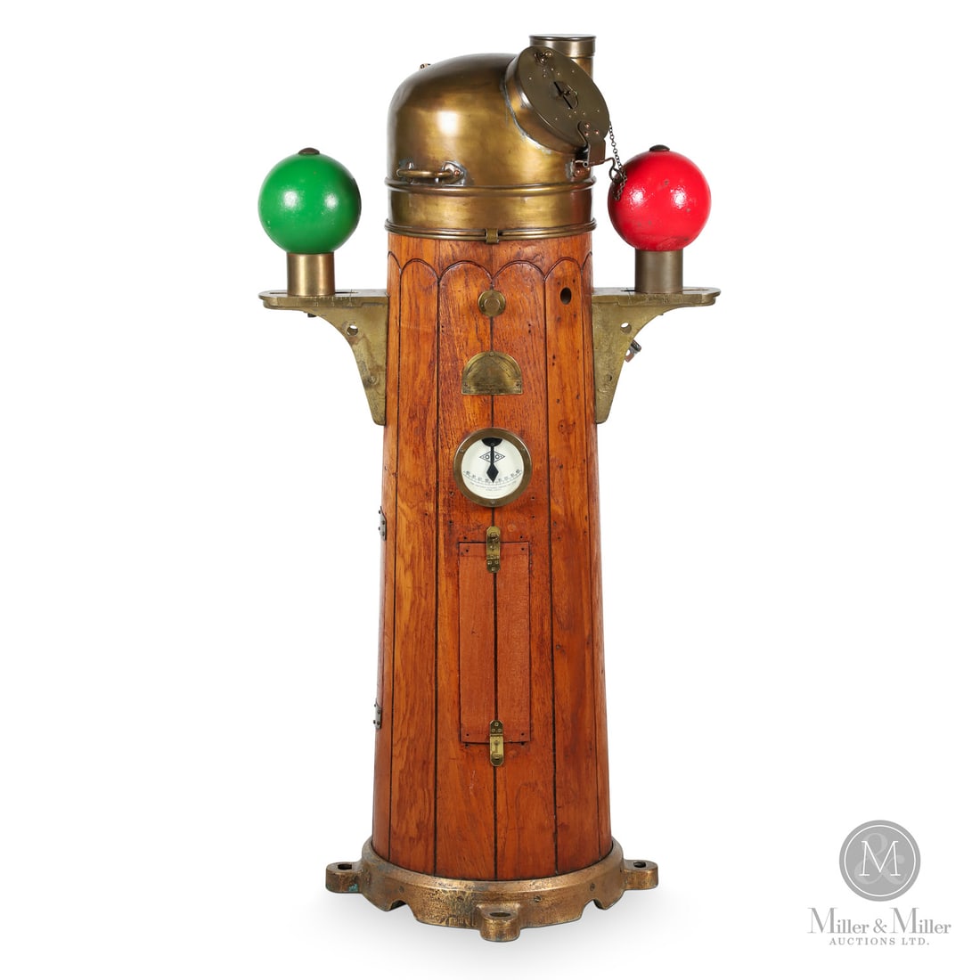 Hughes Kelvin Ship's Binnacle: Ontario, Canada. Second Quarter 20th Century. Metal. The binnacle features a prominent brass hood at the top, which protected the compass from the elements. It includes a viewing window with a hinged