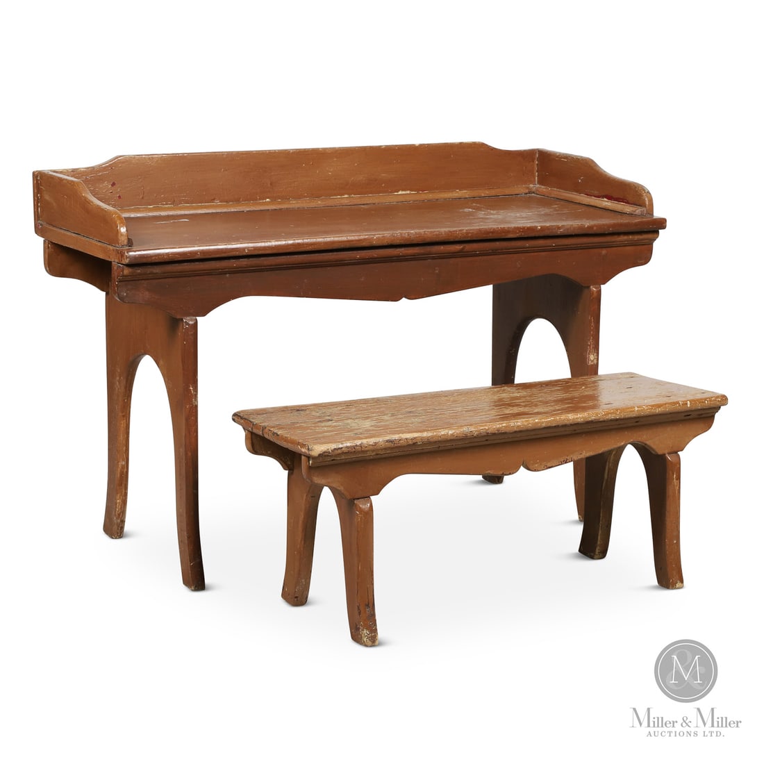Funky Desk and Bench: Quebec, Canada. Mid 19th Century. Wood. A sideboard/desk in maple with shaped legs, shaped skirt and a gallery around the top along with a matching bench. Unmarked. Desk : 34.5" x 54" x 21", Stool :