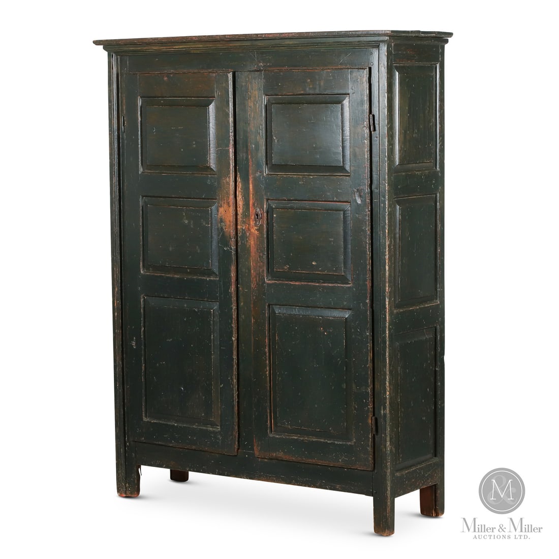 12-Panel Quebec Armoire: Quebec, Canada. c. 1820. Wood. A Quebec armoire with twelve raised panels, overlapping doors, original pin and barrel (gond) hinges and lock, original shelves, rosehead nails and with a clean interior