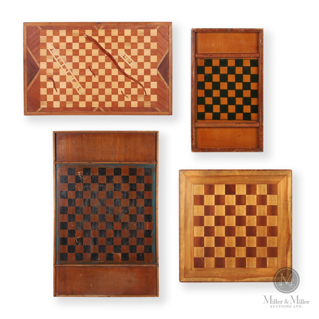 Group of Four Gameboards: Canada. Early 20th Century. Wood. A lot of four gameboards: a double-sided inlaid example with snakes and ladders on one side and the other side with decorative inlaid bands; a maple board with the