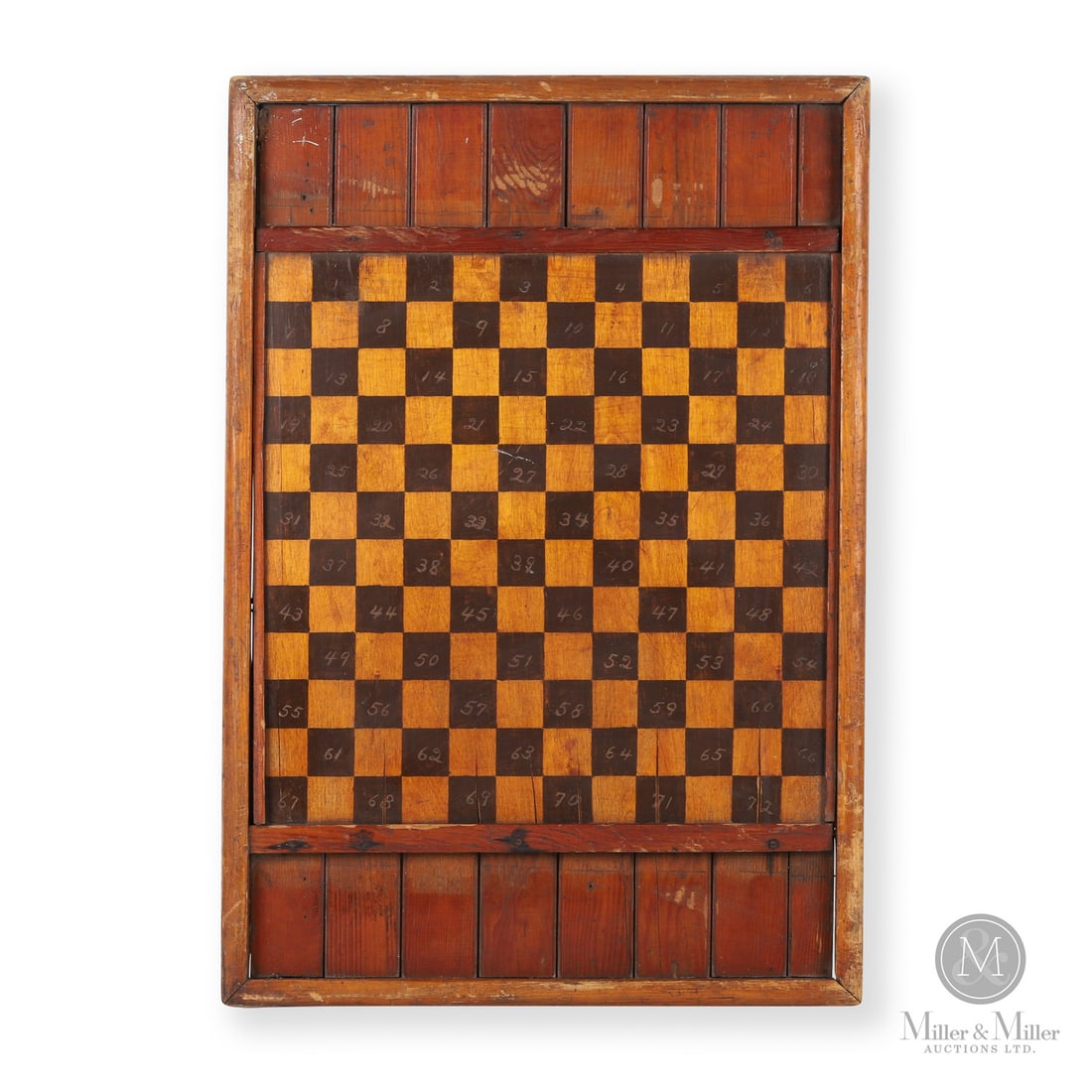 Gameboard With Numbered Squares: Quebec, Canada. c. 1900-1920. Wood. Quebec gameboard with the playing surface in alternating numbered brown and natural colour squares. Made from wainscot boards. Unmarked. 27.25" x 18.75" x 1.5".