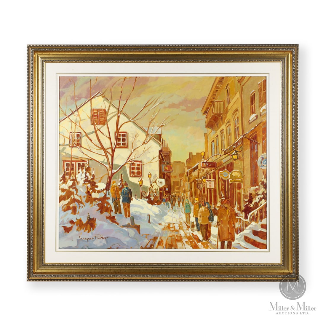 Jacques Poirier (1942-) "Journee d'hiver dans le petit Champlain" Oil on Canvas: Canada. c. 2000 Oil on Canvas. Signed, "Jacques Poirier" lower left. Signed and titled on reverse. Painting: 30" x 36". Framed: 40.75" x 46.5" x 2" From the Late Miller Carmichael Collection. Canada.