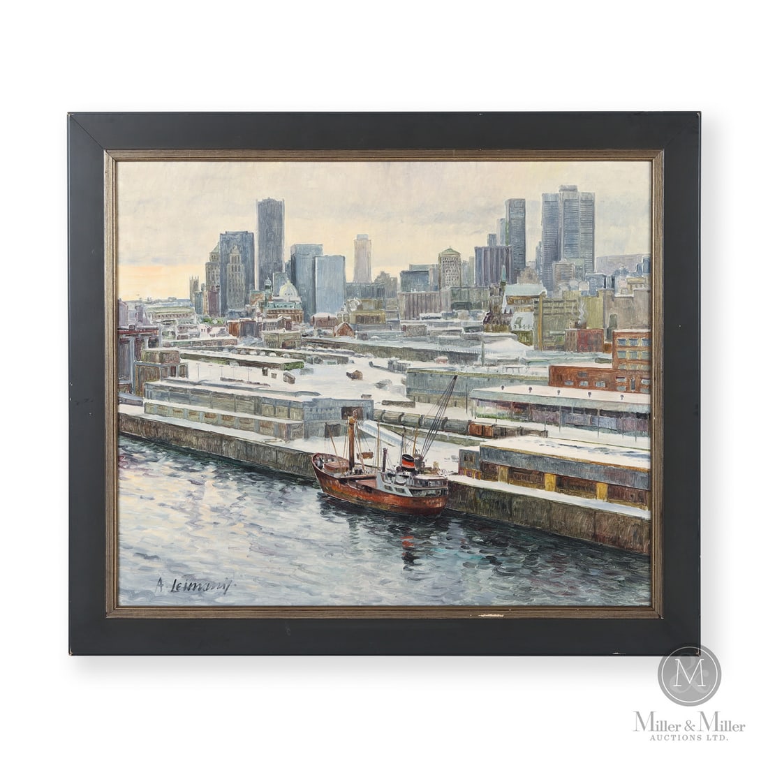 Andris Leimanis (1938-) "Montreal Skyline" Oil on Panel: Canada. c. 1978. Oil on Panel. Signed, "A. Leimanis" lower left. Signed and titled on reverse. Painting: 20" x 24". Framed: 24" x 28" x 1". From the Late Miller Carmichael Collection. Canada. c.