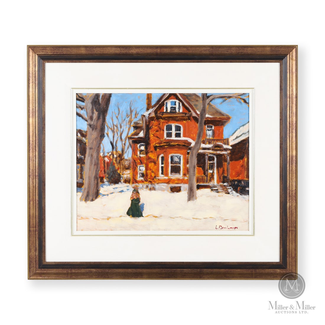 Luc Deschamps (1956-) "The Shawl" Oil on Panel: Canada. c. 2004. Oil on Panel. Signed, "L. Deschamps" lower right. Signed and titled on reverse. Painting: 16" x 20". Framed: 26.5" x 30.5" x 1.5". From the Late Miller Carmichael Collection. Canada.