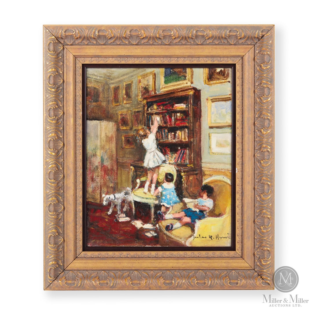 Jules Rene Herve (1887-1981) "Enfants et Bibliotheque" Oil on Canvas: France. c. 1950 Oil on Canvas. Signed, "Jules R. Herve" lower right corner. Retains original Dominion Galley label and signed verso. Painting : 10.5" x 8.5", Framed : 15.5" x 13.5" x 2". From the Late
