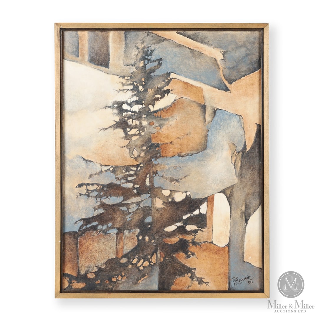David Langevin (1959-) "Alkyd Fir" Acrylic on Canvas: Canada. 1990 Acrylic on Canvas. Signed, "Langevin '90" lower left. Titled / detailed verso. Painting : 26" x 20", Framed : 27.25" x 21.25" x 1.5". From the Late Miller Carmichael Collection. Canada.