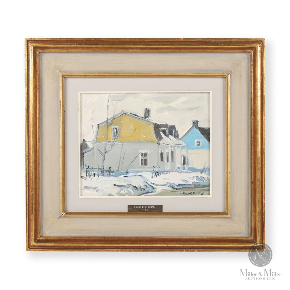 Lorne Holland Bouchard RCA (1913-1978) Veilles Maisons Ste. Scholastique Quebec Oil on Board: Canada. c. 1970. Oil on Board. Signed, "Lorne H. Bouchard" at lower right corner. Name plate on frame and signed / titled verso. Painting : 8" x 10", Framed : 15.25" x 17.25" x 2". From the Late Mille