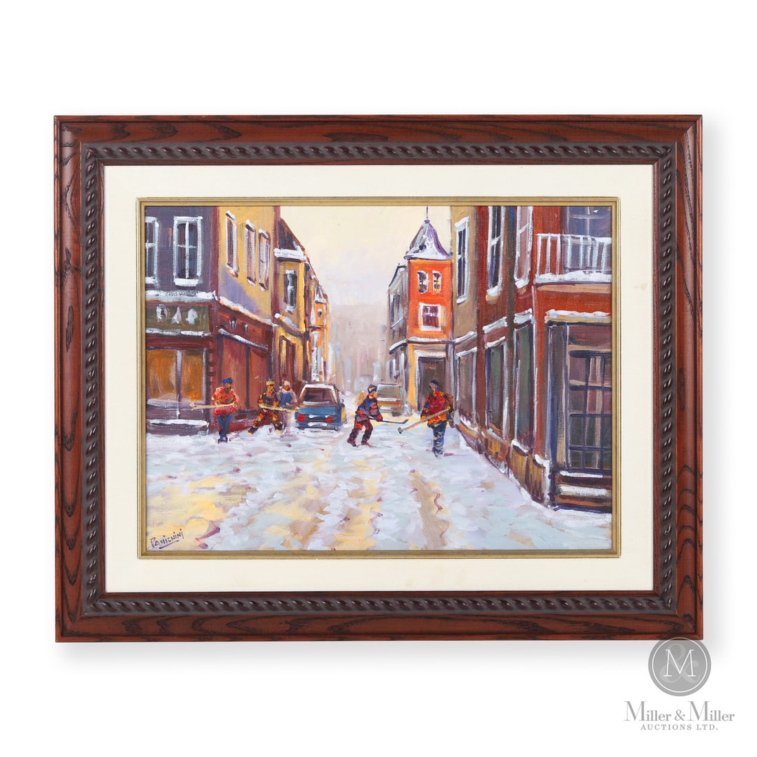 Santiago Panichini (1961-) "Hockey" Oil on Canvas: Canada. c. 2000. Oil on Canvas. Signed, "PANiCHiNi" lower left. Titled verso. Retains label for Galerie Flament Quebec. Painting : 12" x 16", Framed : 17.75" x 21.75" x 2". From the Late Miller