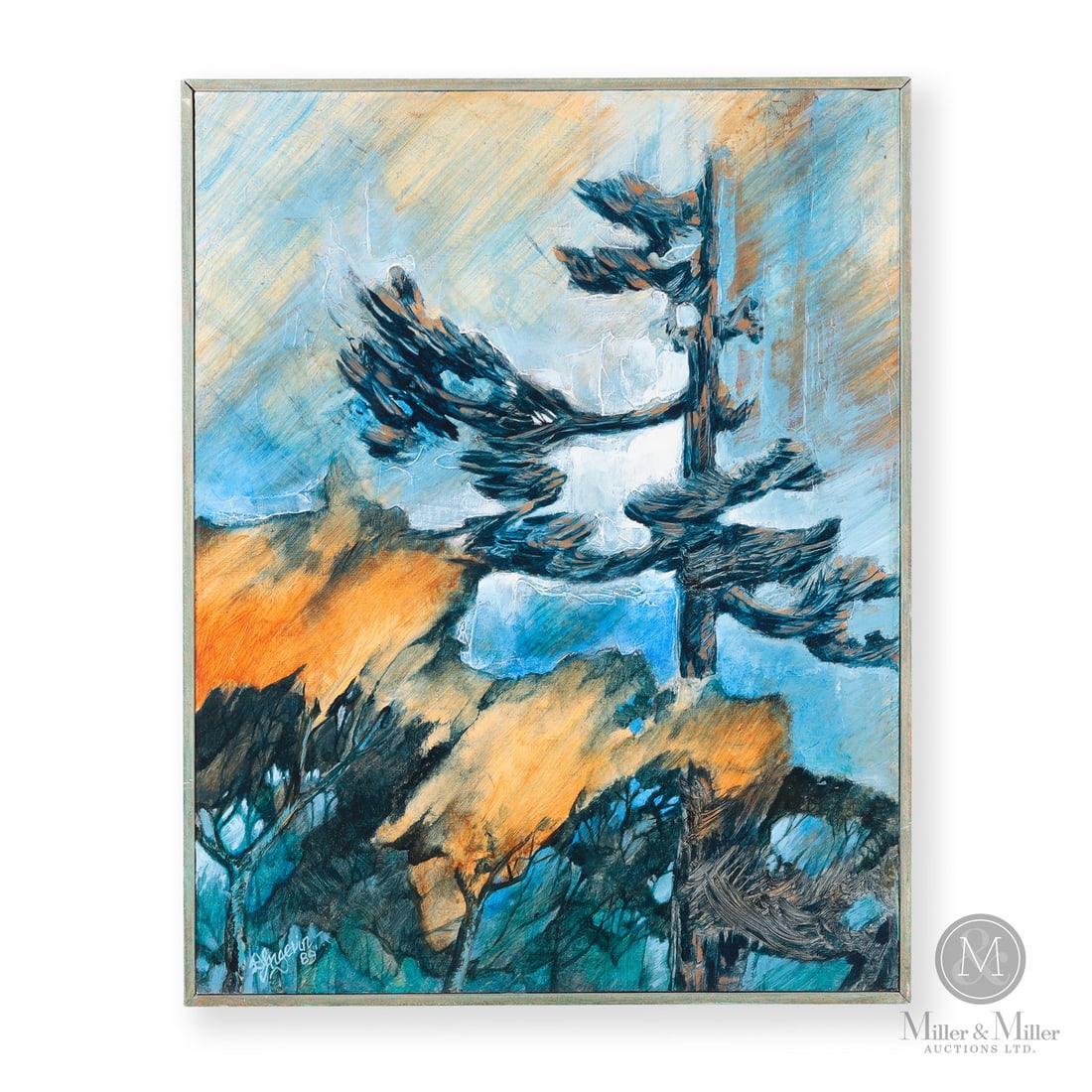 David Langevin (1959-) "Pine Trees" Acrylic on Board: Canada. 1989 Acrylic on Board. Signed, "Langevin 89'" lower left. Titled / detailed verso. Painting : 21.5" x 17", Framed : 22.25" x 17.5" x 1". From the Late Miller Carmichael Collection. Canada.